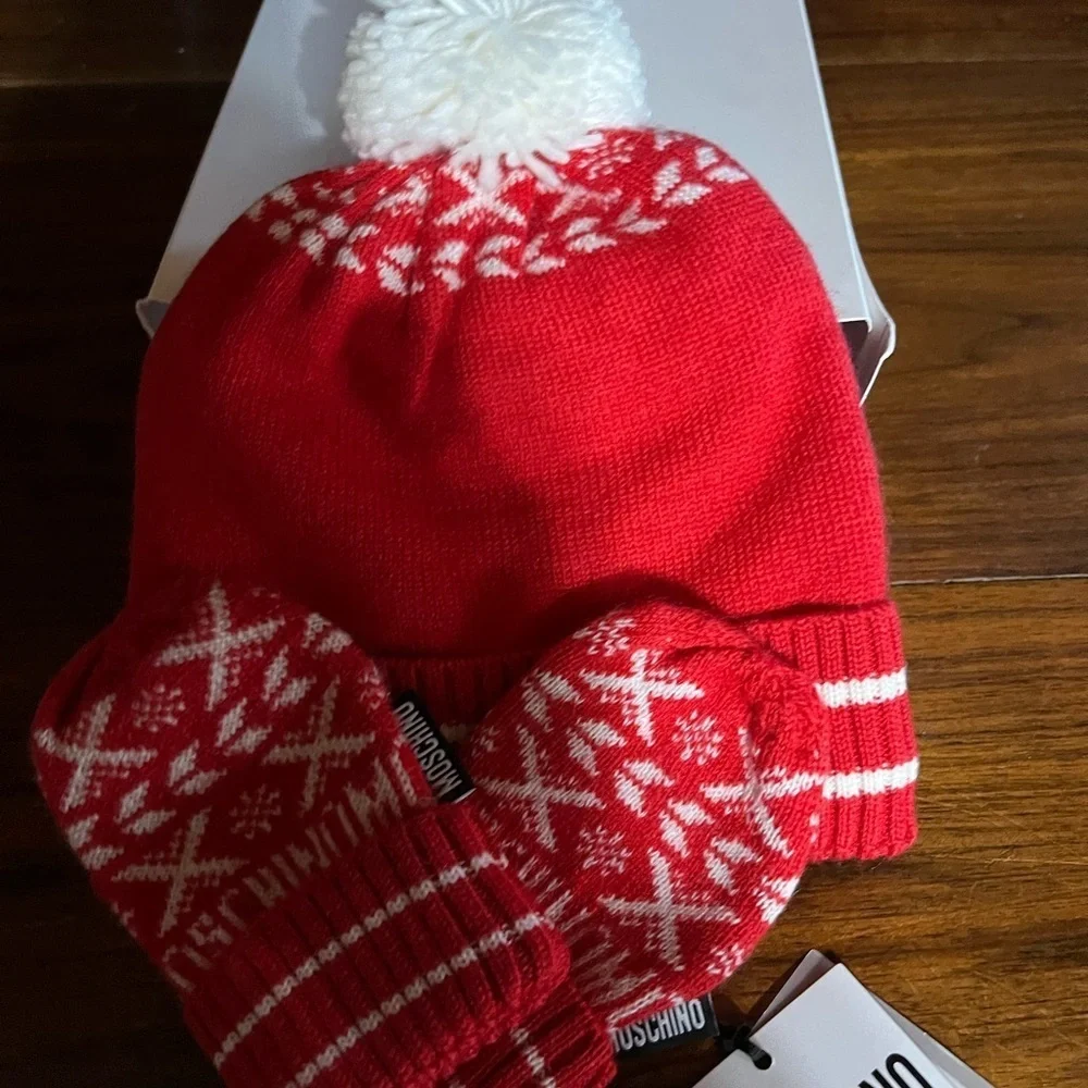 Moschino Red Bear Knit Hat and Mittens Set